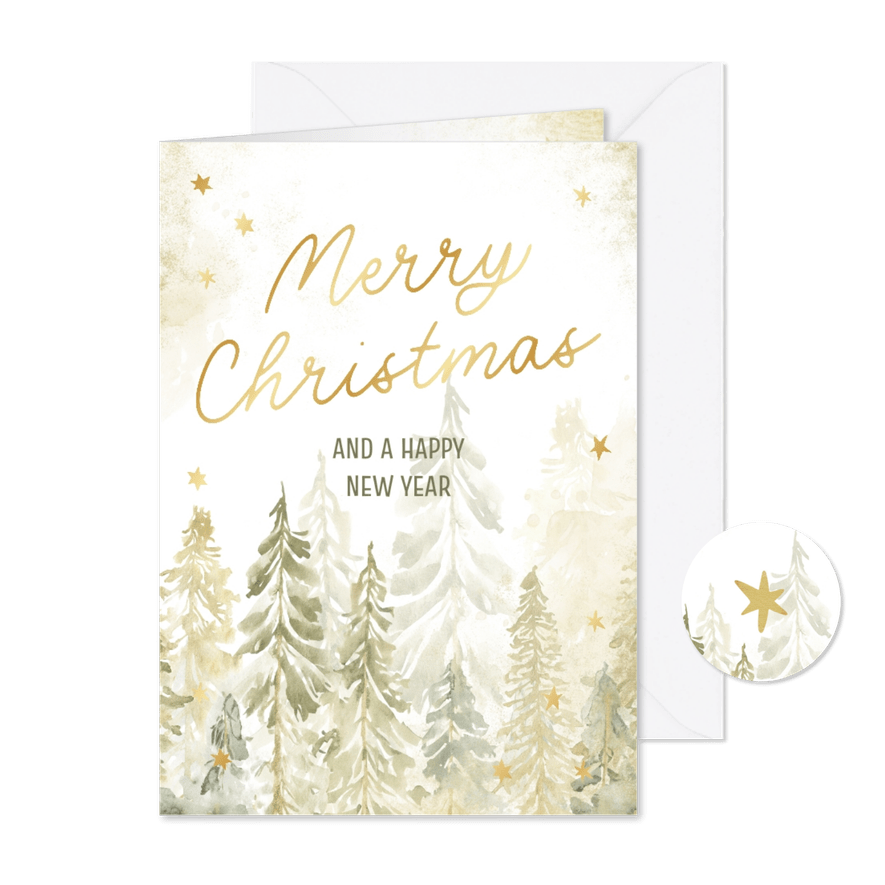 Kerstkaart Merry Christmas waterverf kerstbomen en sterren - Kaartimpressie
