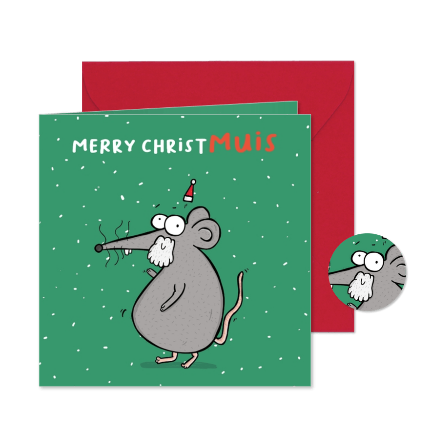 Kerstkaart Merry Christmuis met muts - Kaartimpressie