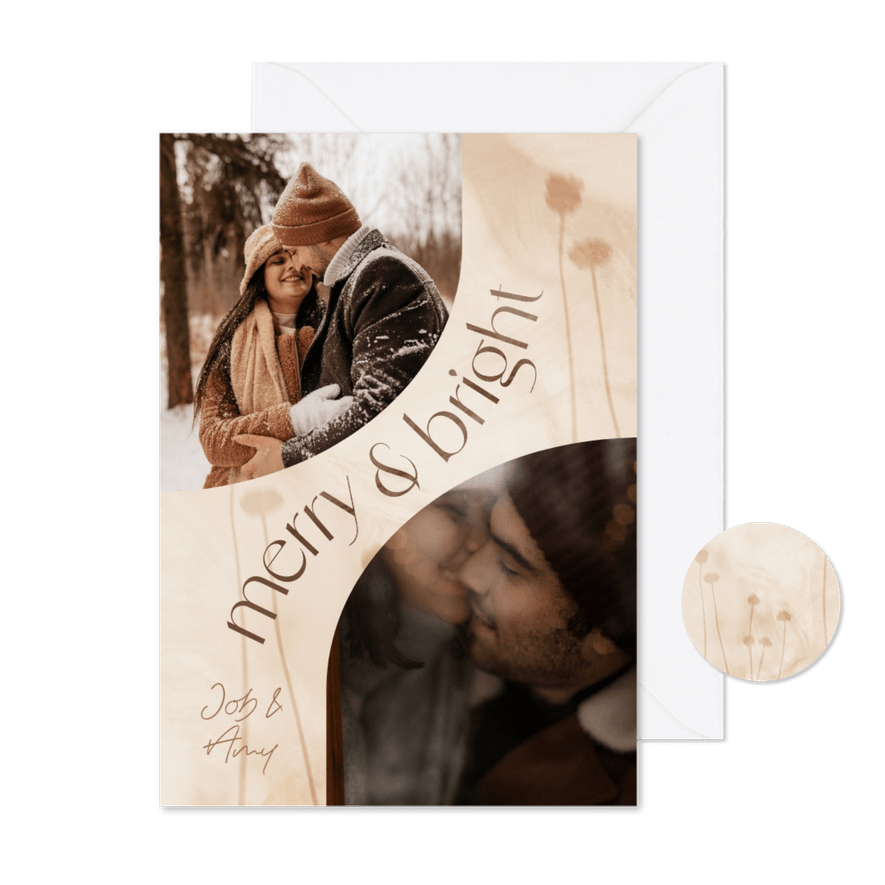 Kerstkaart merry & bright droogbloemen en 2 foto's - Kaartimpressie