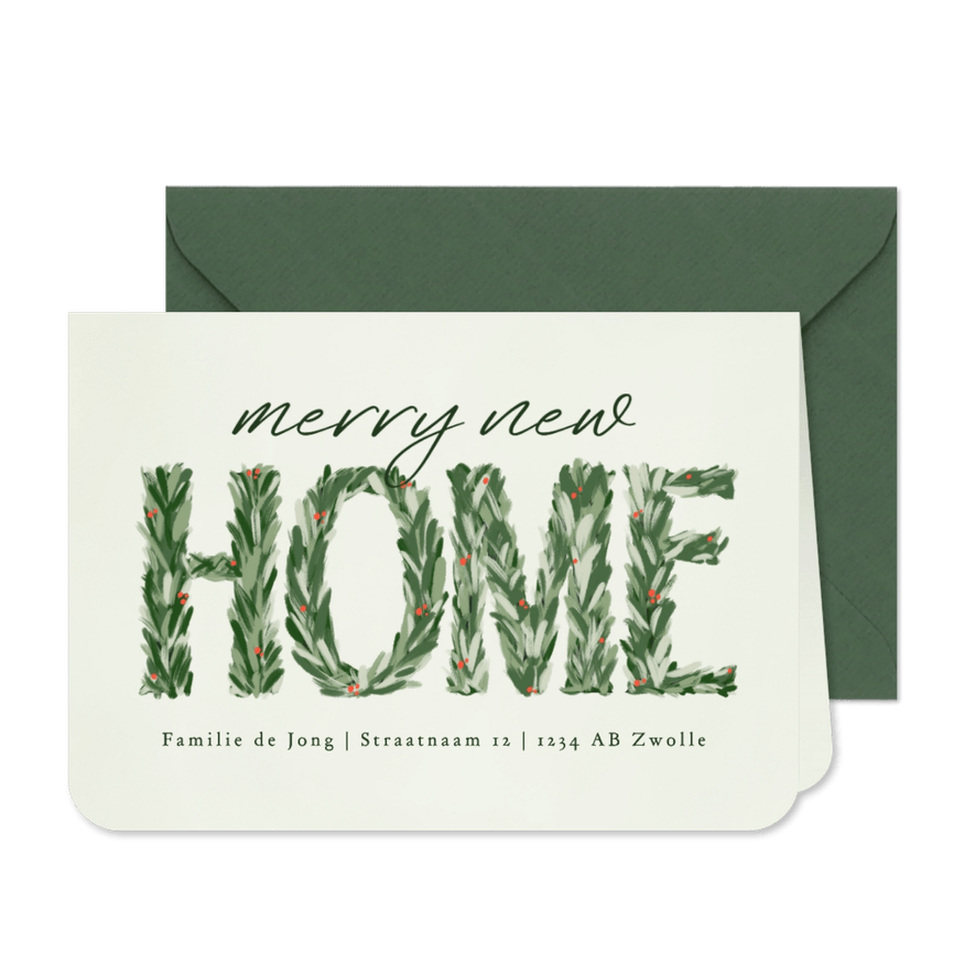 Kerstkaart merry new home dennentakjes besjes - Kaartimpressie