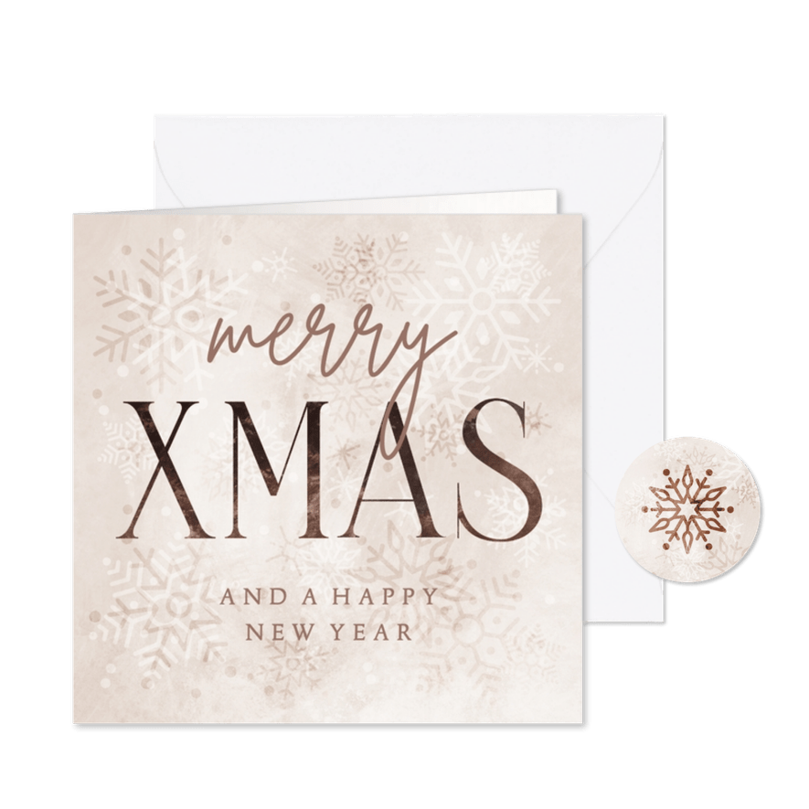 Kerstkaart merry XMAS poederroze met sneeuwvlokken - Kaartimpressie