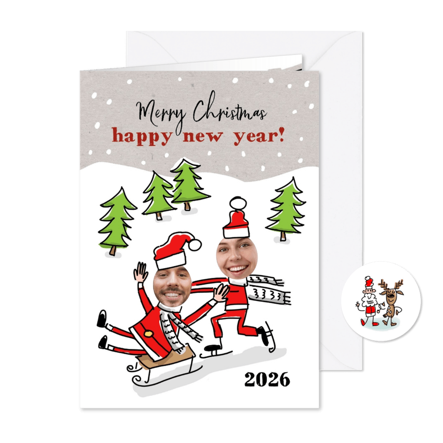 Kerstkaart met 2 kerstmannen met foto op slee - Kaartimpressie