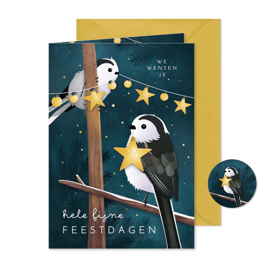 Kerstkaart met 2 vogeltjes op een tak met sneeuw en lampjes - Kaartimpressie