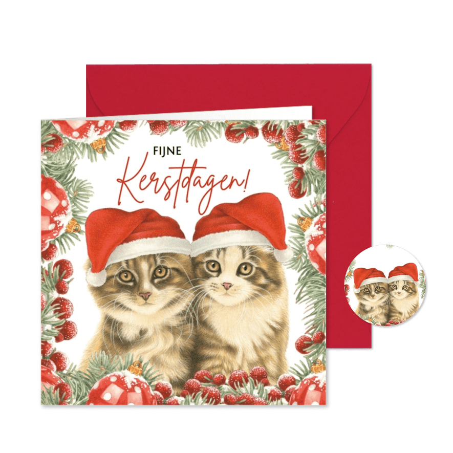 Kerstkaart met 2 vrolijke kerstkittens met kersttakjes - Kaartimpressie
