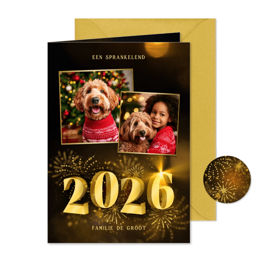 Kerstkaart met 2026 3D met 2 foto's en vuurwerk - Kaartimpressie