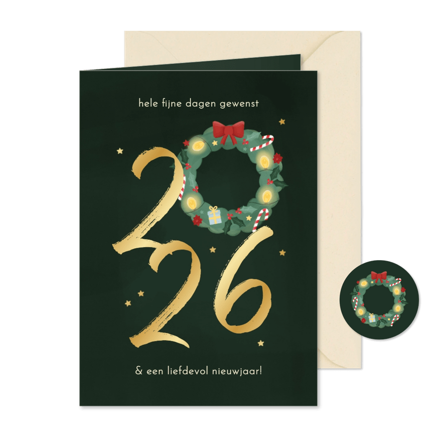 Kerstkaart met 2026 en kerstkrans goud sterretjes - Kaartimpressie