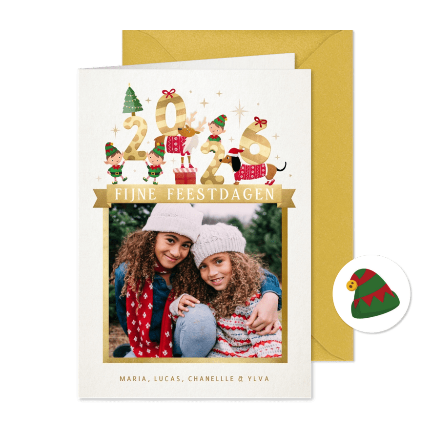 Kerstkaart met 2026 illustratie met lieve diertjes - Kaartimpressie