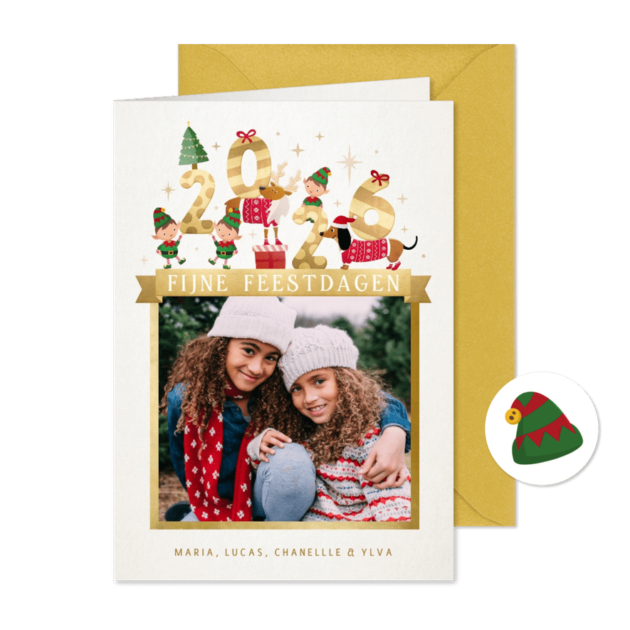 Kerstkaart met 2026 illustratie met lieve diertjes - Kaartimpressie
