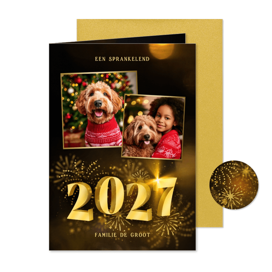 Kerstkaart met 2027 3D met 2 foto's en vuurwerk - Kaartimpressie