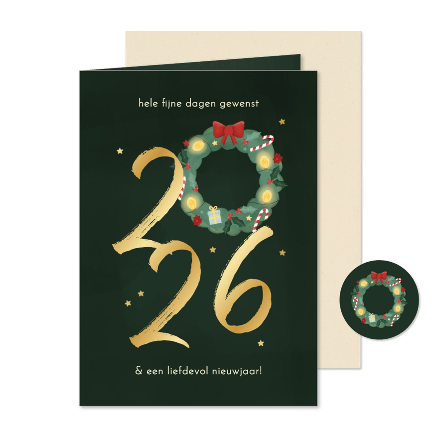 Kerstkaart met 2027 en kerstkrans goud sterretjes - Kaartimpressie
