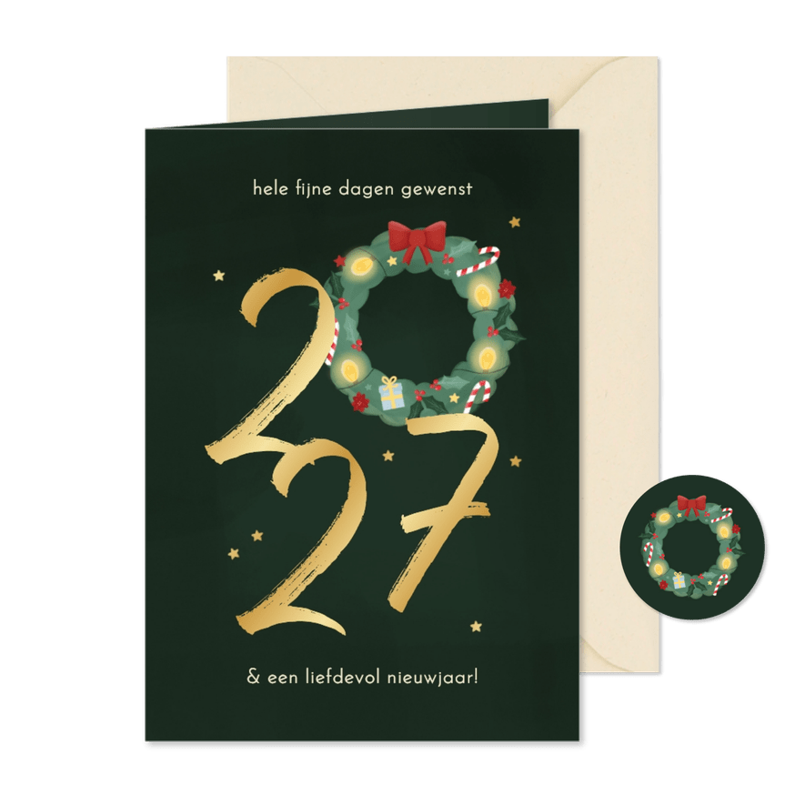 Kerstkaart met 2027 en kerstkrans goud sterretjes - Kaartimpressie