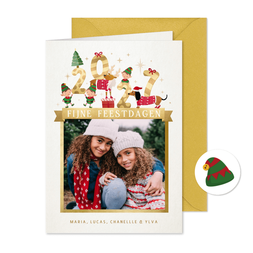 Kerstkaart met 2027 illustratie met lieve diertjes - Kaartimpressie