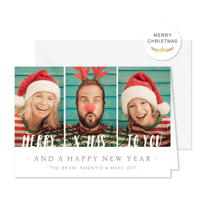 Kerstkaart met 3 eigen foto's en aanpasbare tekst - Kaartimpressie