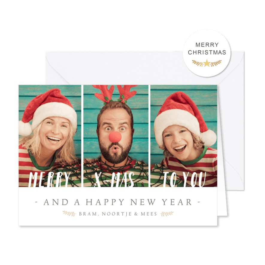 Kerstkaart met 3 eigen foto's en aanpasbare tekst - Kaartimpressie