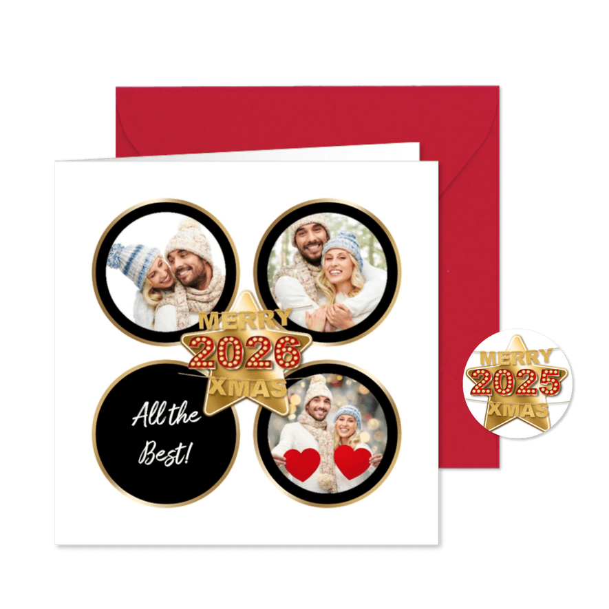 Kerstkaart met 3 fotolijstjes rond  - Kaartimpressie