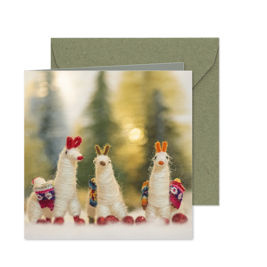 Kerstkaart met 3 lama's in een winters landschap - Kaartimpressie