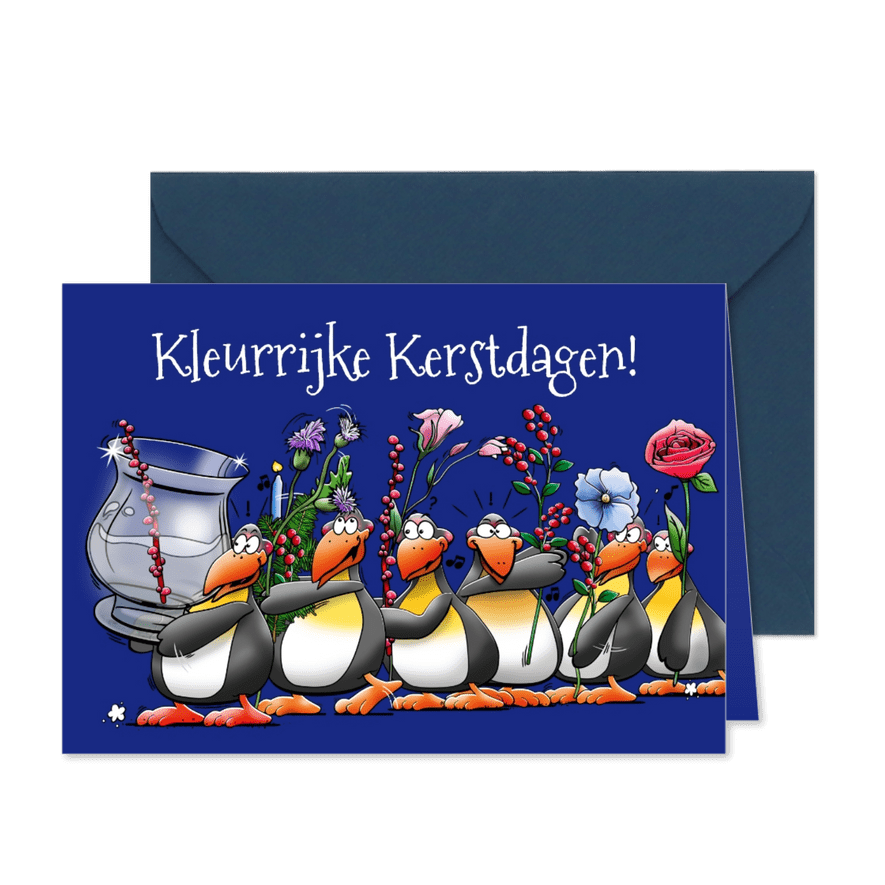 Kerstkaart met 6 pinguïns met een glazen vaas bloemen  - Kaartimpressie