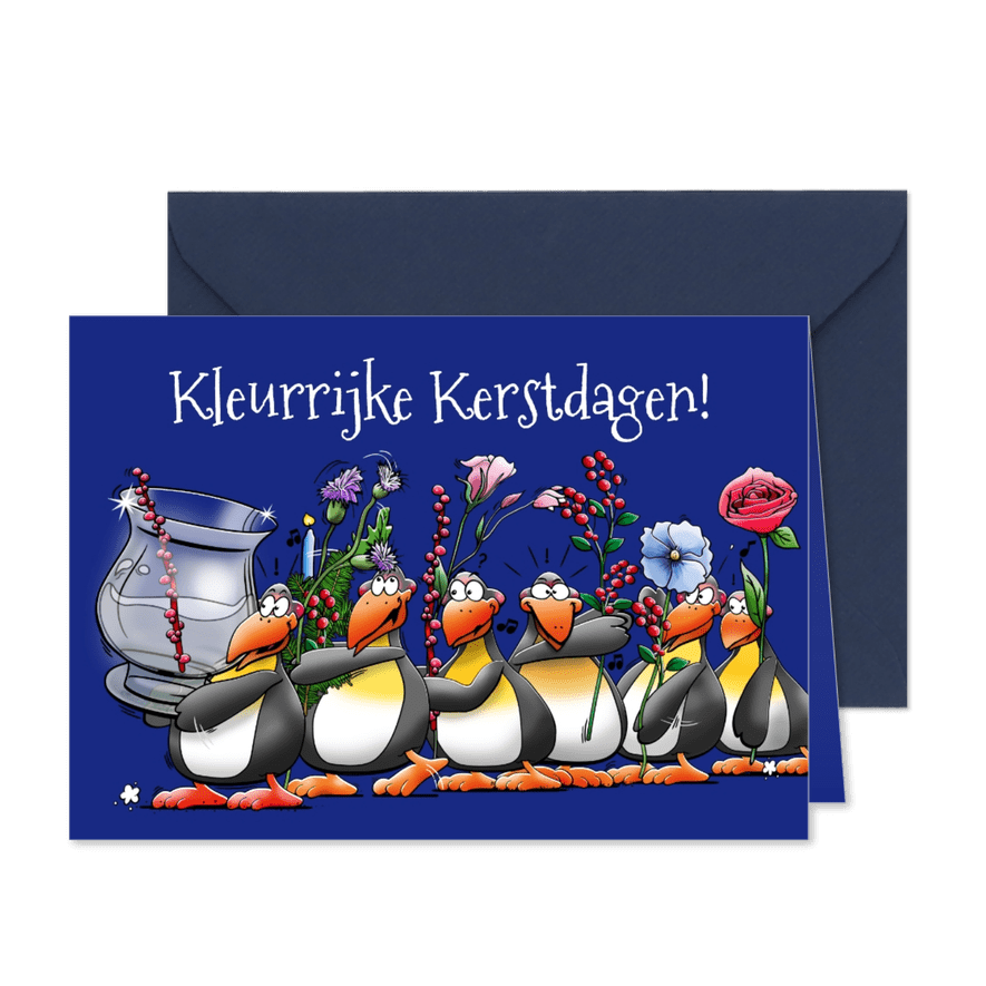 Kerstkaart met 6 pinguïns met een glazen vaas bloemen  - Kaartimpressie