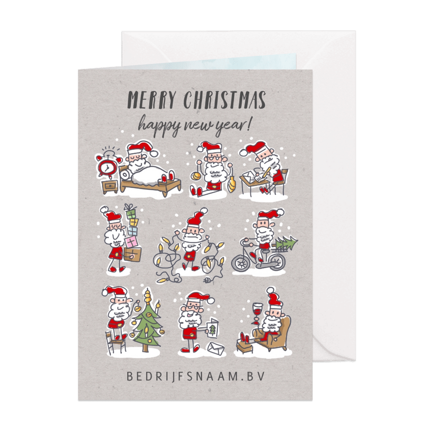 Kerstkaart met 9 kerstmannetjes met kerstspullen - Kaartimpressie