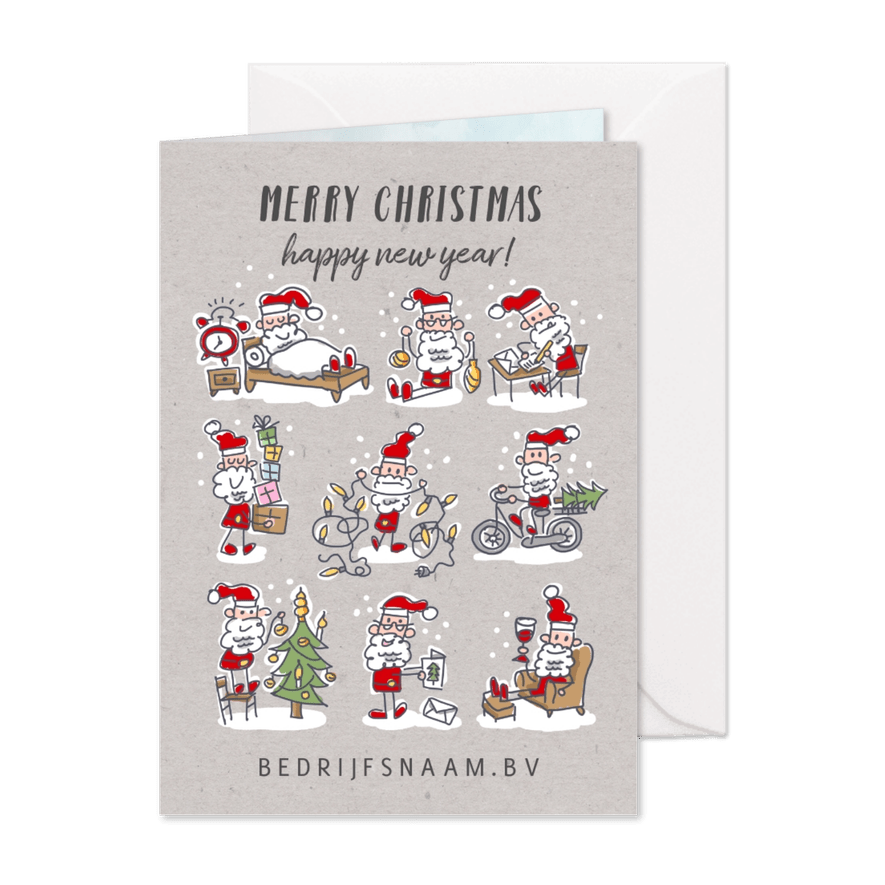 Kerstkaart met 9 kerstmannetjes met kerstspullen - Kaartimpressie