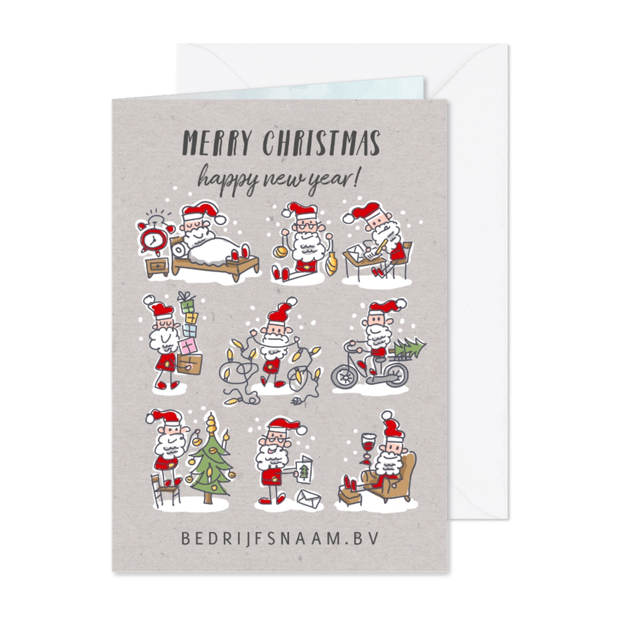 Kerstkaart met 9 kerstmannetjes met kerstspullen - Kaartimpressie