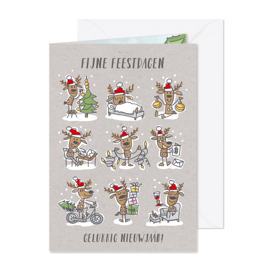 Kerstkaart met 9 rendieren met kerstmuts en kerstspullen - Kaartimpressie