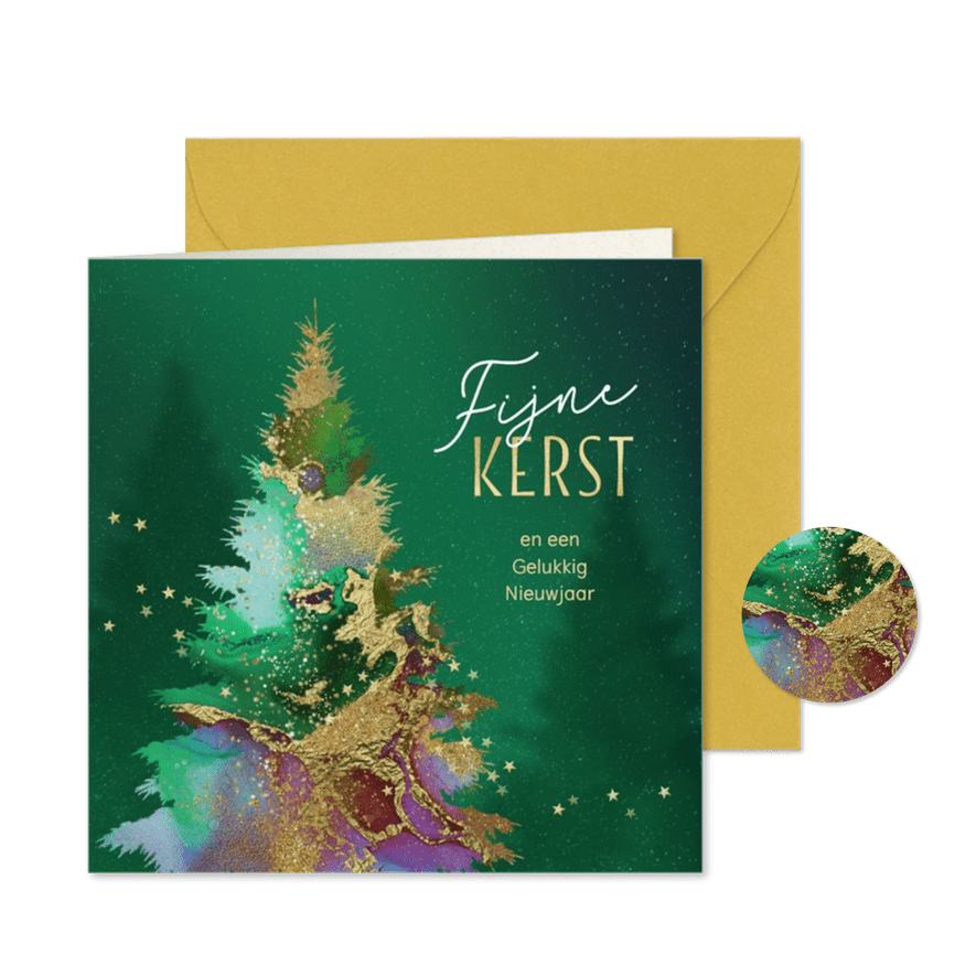 Kerstkaart met abstracte kerstboom in goud en groen - Kaartimpressie