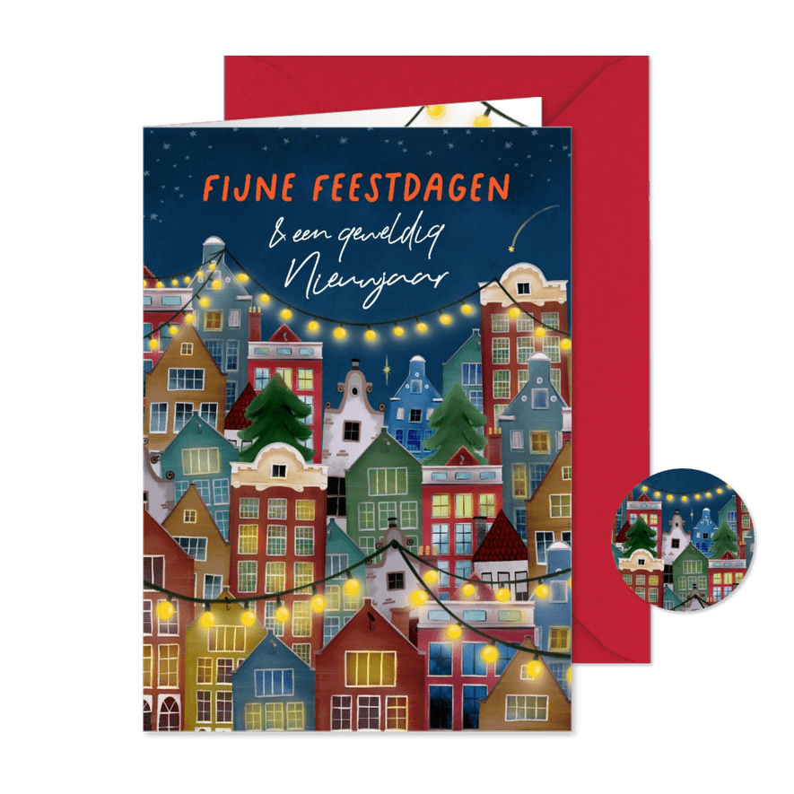 Kerstkaart met Amsterdamse huisjes en kerstlichtjes - Kaartimpressie