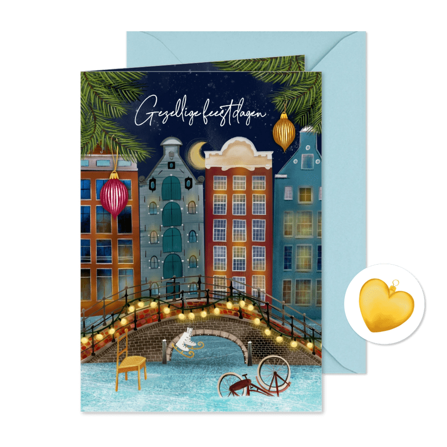 Kerstkaart met Amsterdamse pandjes en een brug - Kaartimpressie