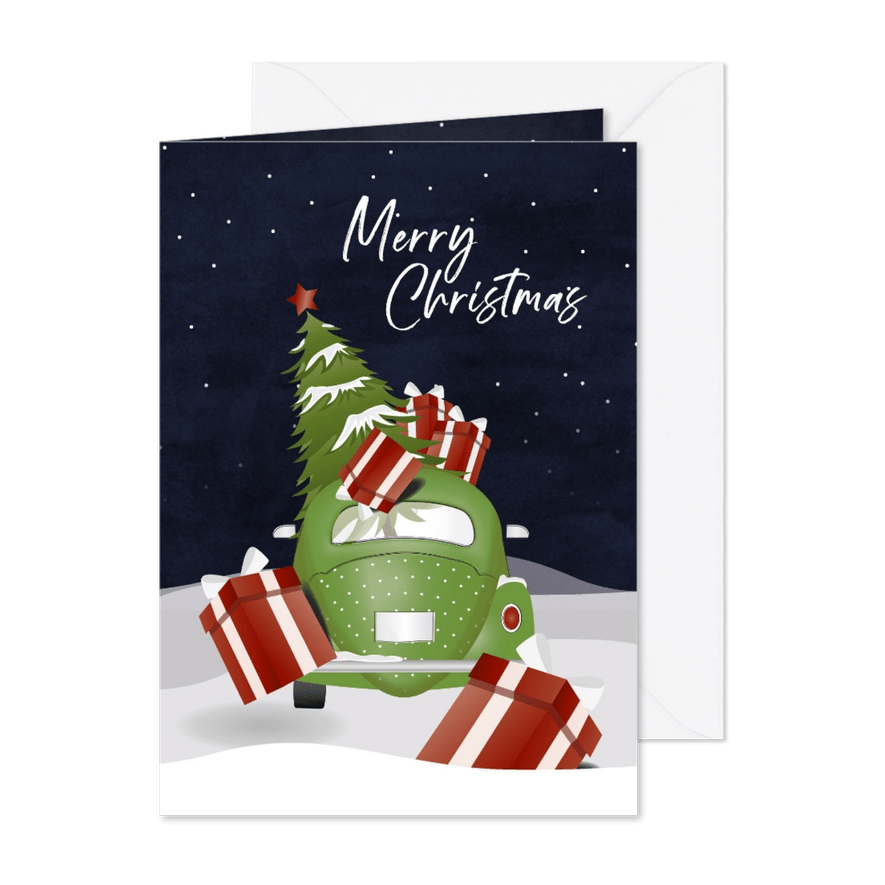 Kerstkaart met auto vol cadeautjes en een kerstboom - Kaartimpressie