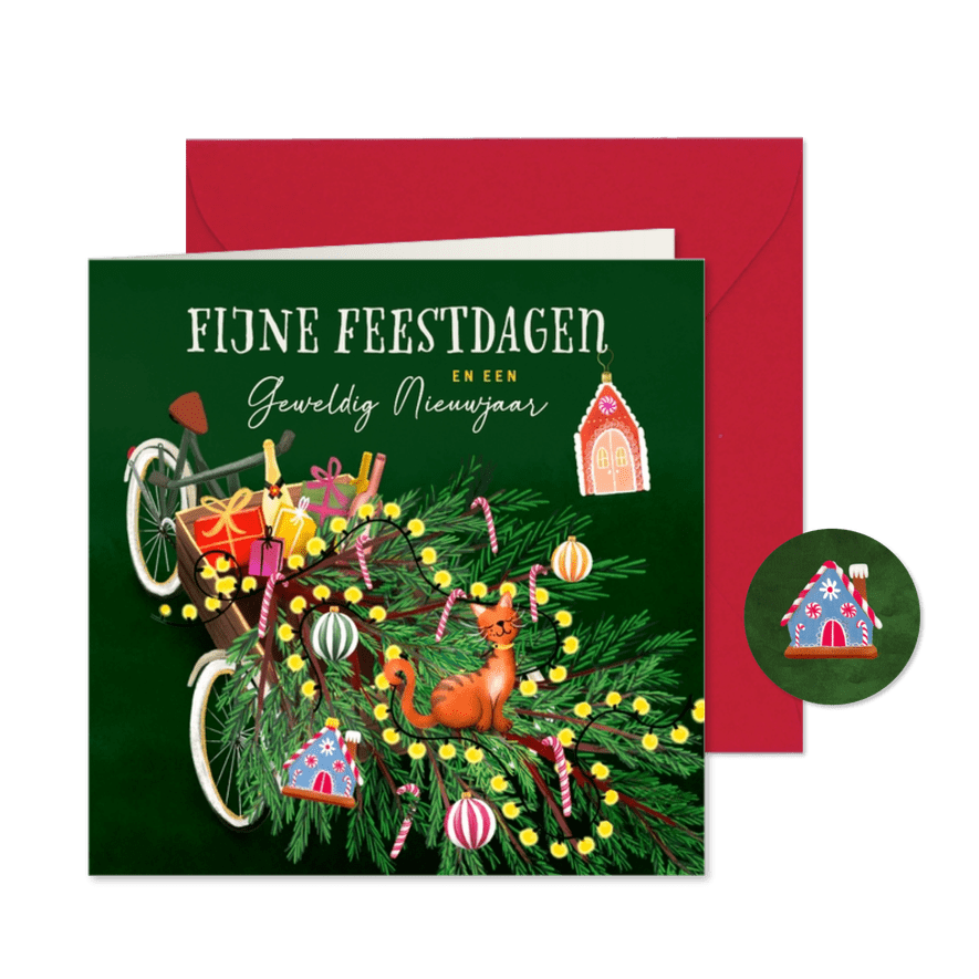 Kerstkaart met bakfiets en kerstboom met kat - Kaartimpressie