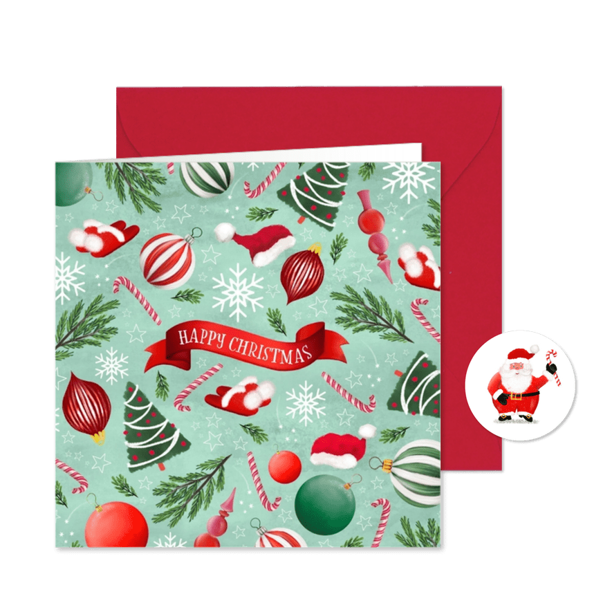 Kerstkaart met banner Happy Christmas - Kaartimpressie