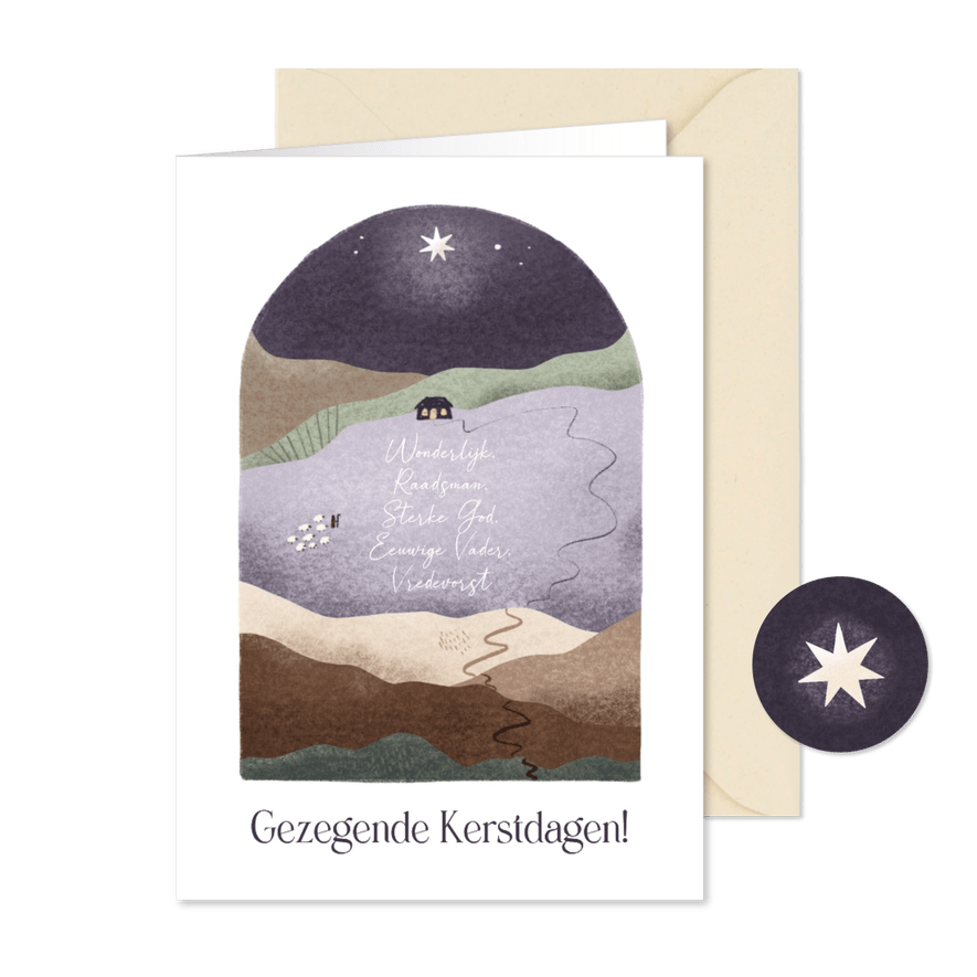 Kerstkaart met bijbeltekst en landschap met herder en stal - Kaartimpressie