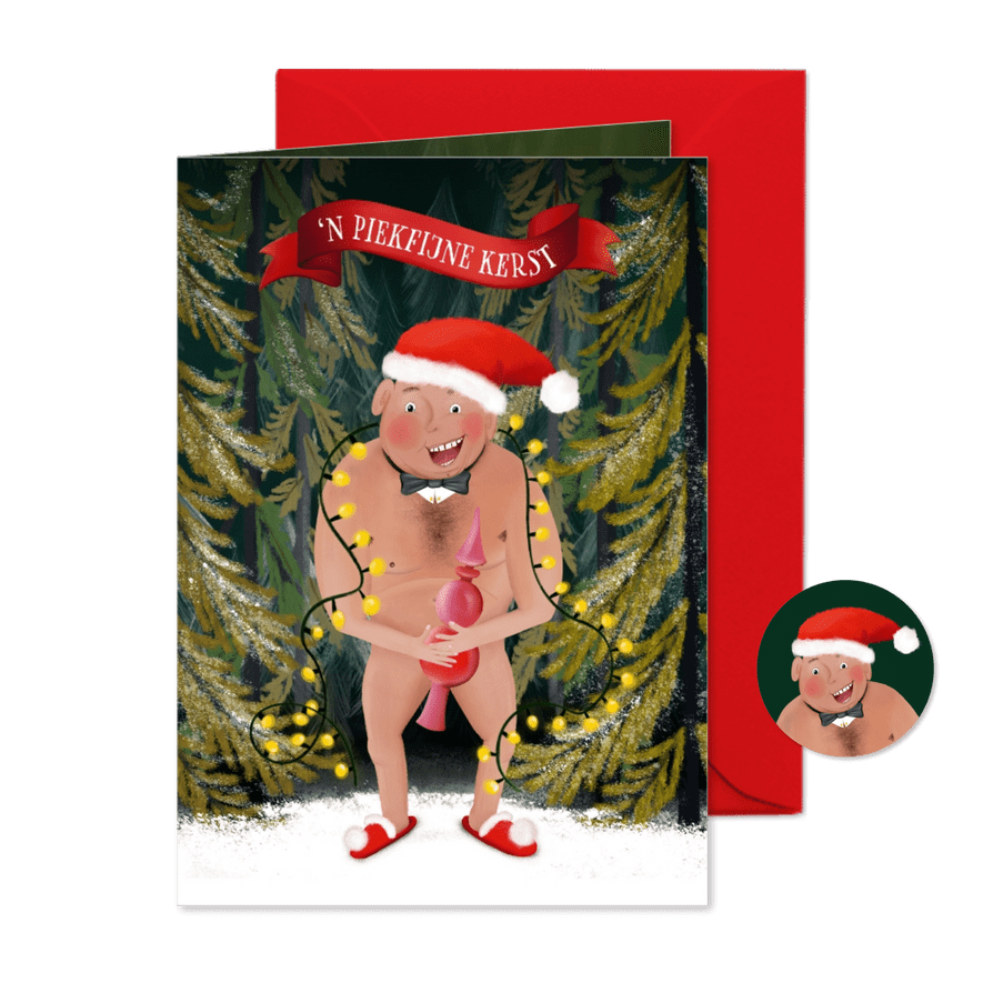 Kerstkaart met blote kerstman op sloffen - Kaartimpressie