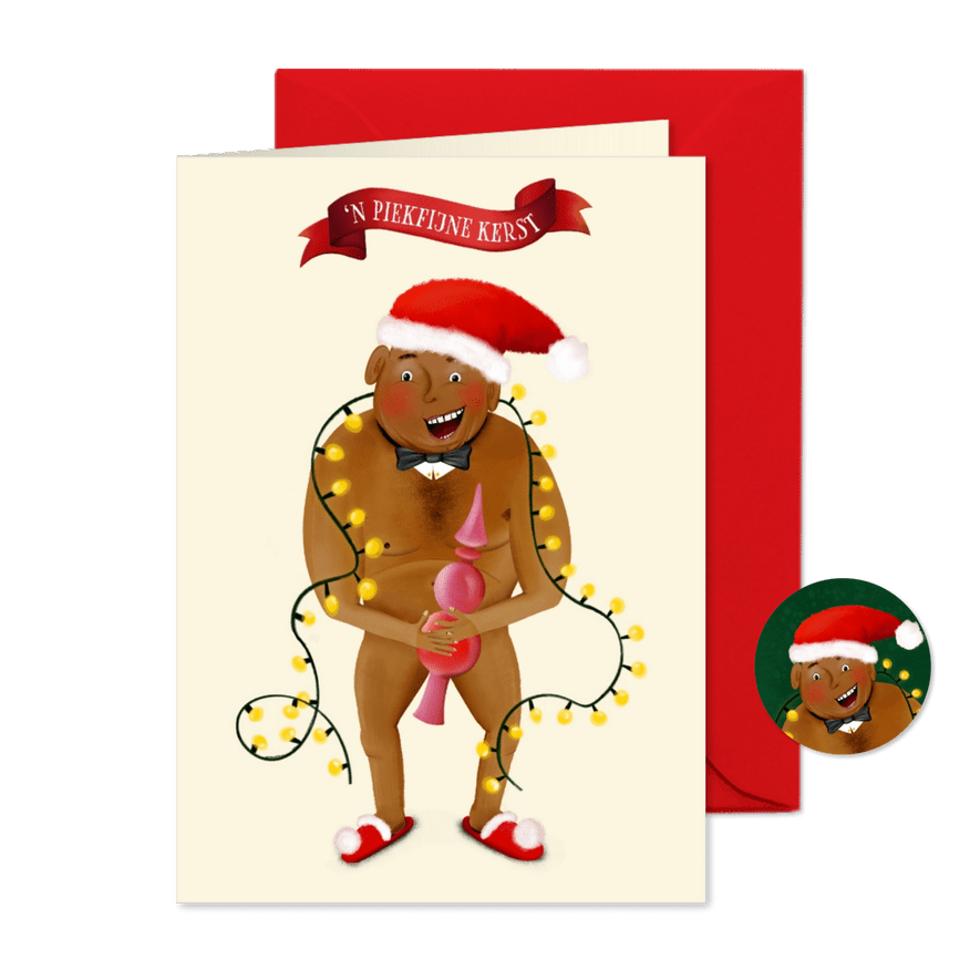 Kerstkaart met blote man met een piek - Kaartimpressie