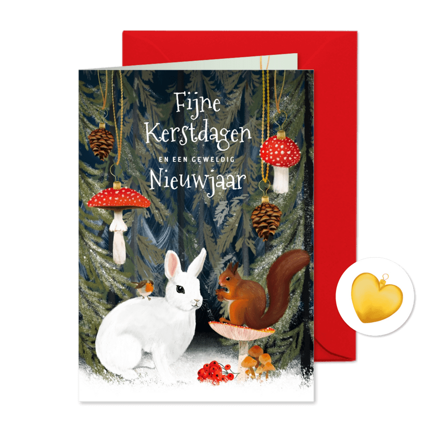 Kerstkaart met bosdieren en kersthangers - Kaartimpressie