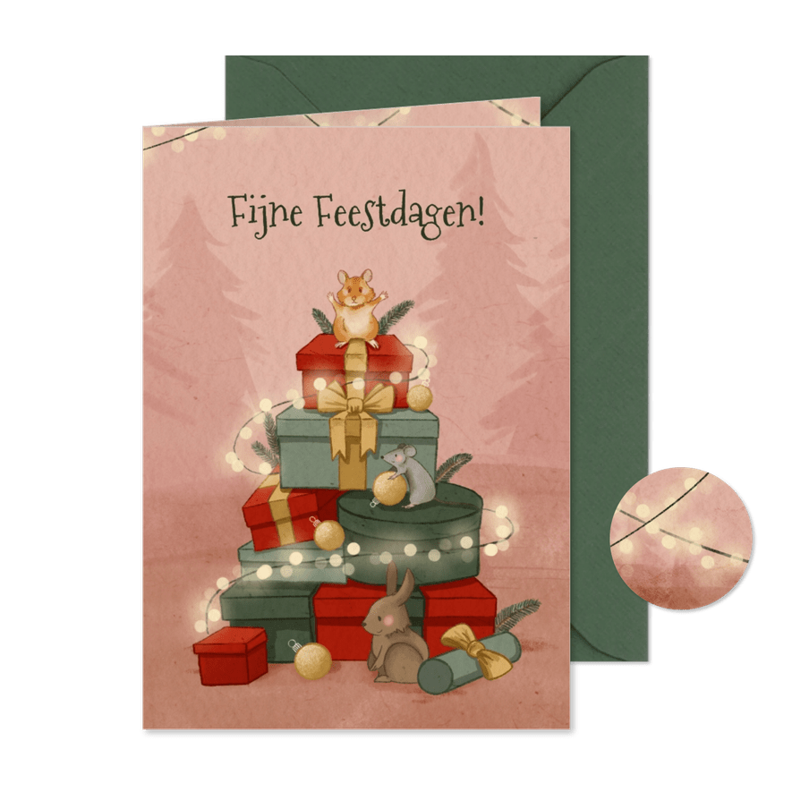 Kerstkaart met bosdieren met cadeautjes - Kaartimpressie