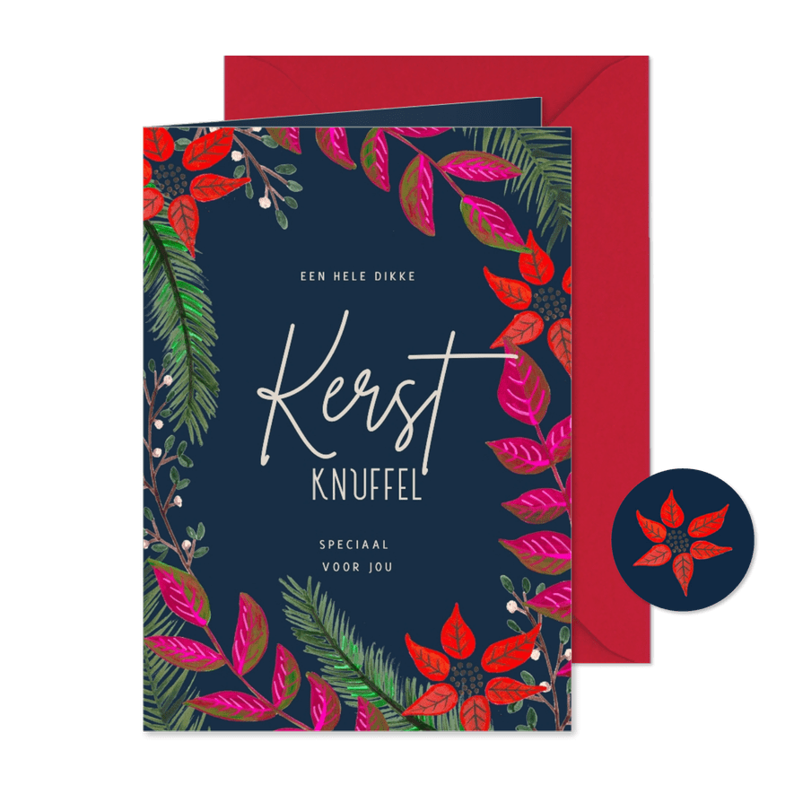 Kerstkaart met botanische rand om een kerst knuffel - Kaartimpressie