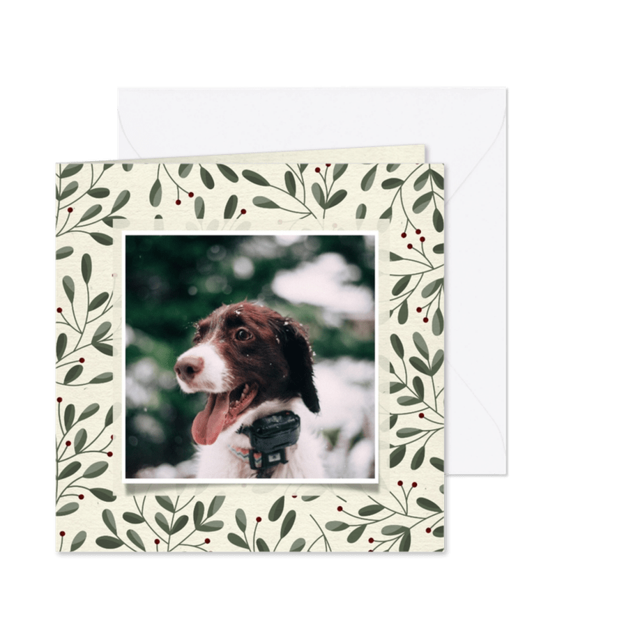 Kerstkaart met botanische takjes en foto - Kaartimpressie