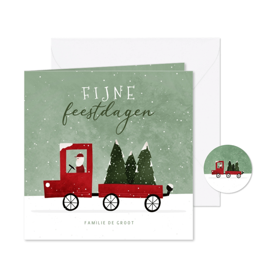 Kerstkaart met busje vol met kerstbomen - Kaartimpressie