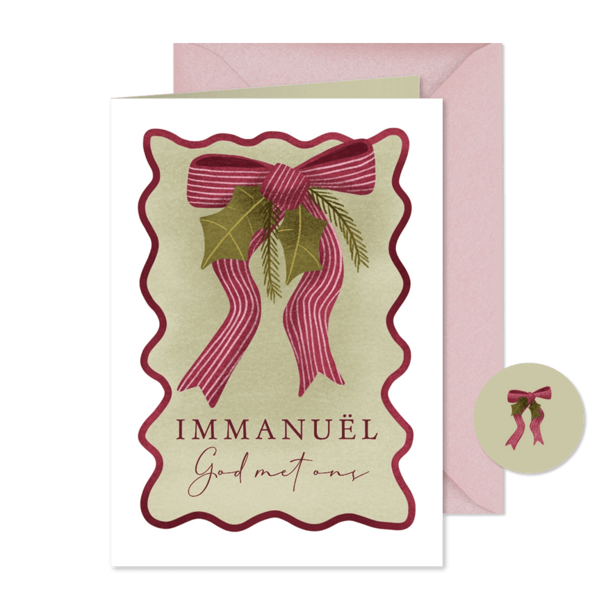 Kerstkaart met christelijke tekst en kerstgroen en strik - Kaartimpressie