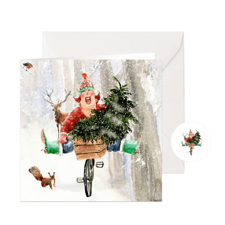 Kerstkaart Met de boom op de fiets - Kaartimpressie