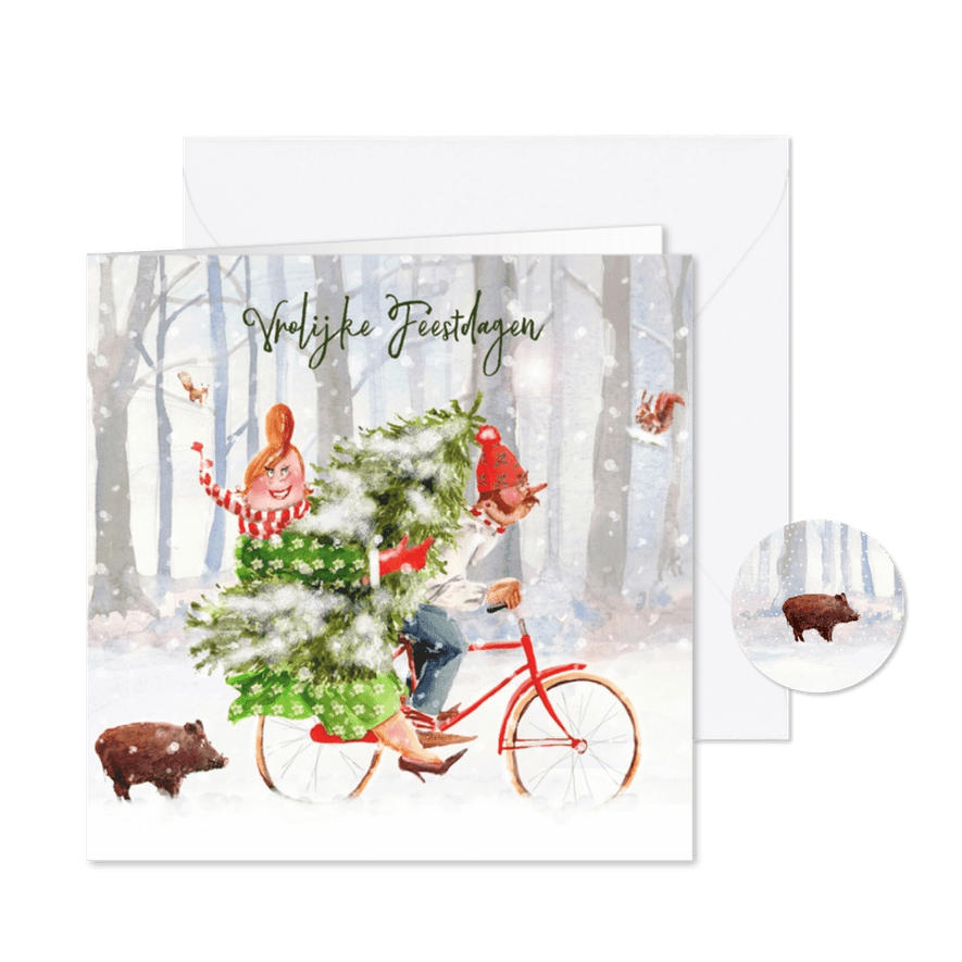 Kerstkaart met de kerstboom op de fiets - Kaartimpressie