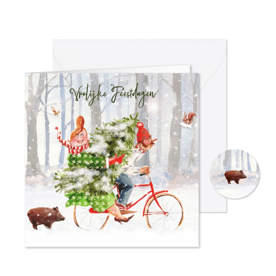 Kerstkaart met de kerstboom op de fiets - Kaartimpressie