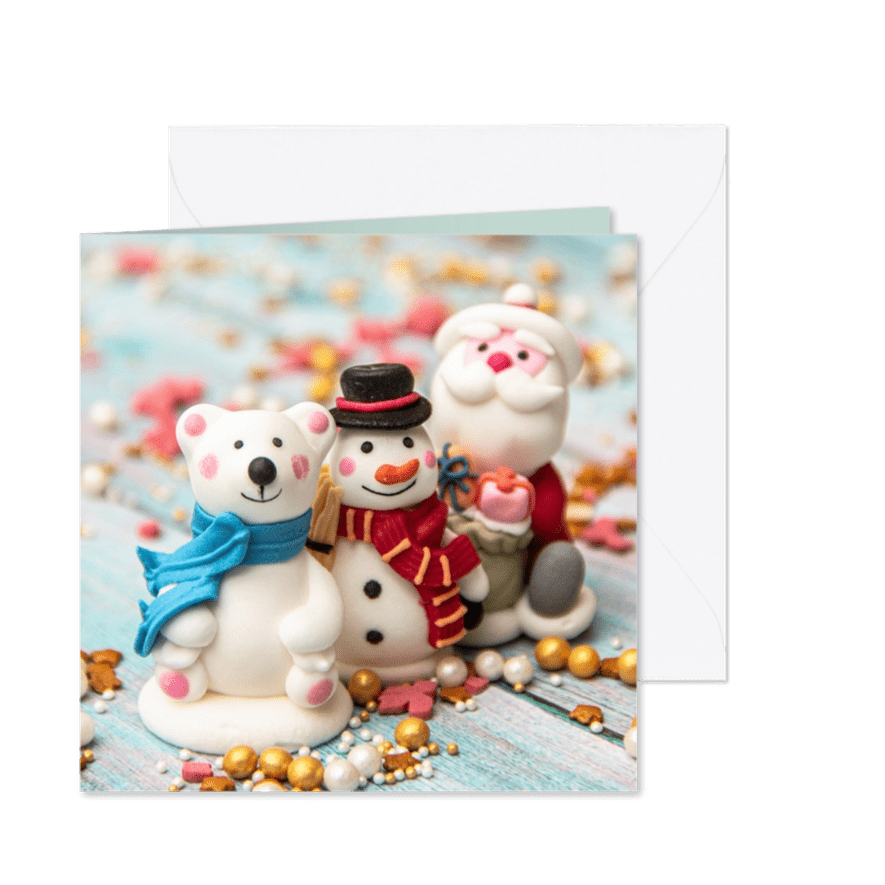 Kerstkaart met de kerstman, een beer en een sneeuwpop - Kaartimpressie