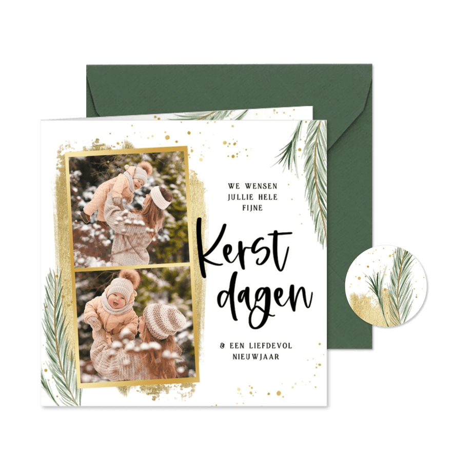 Kerstkaart met dennetakjes spetters en goudlook foto strips - Kaartimpressie