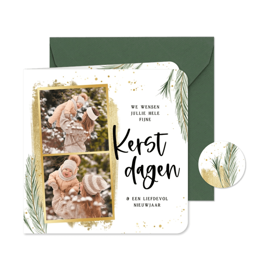 Kerstkaart met dennetakjes spetters en goudlook foto strips - Kaartimpressie
