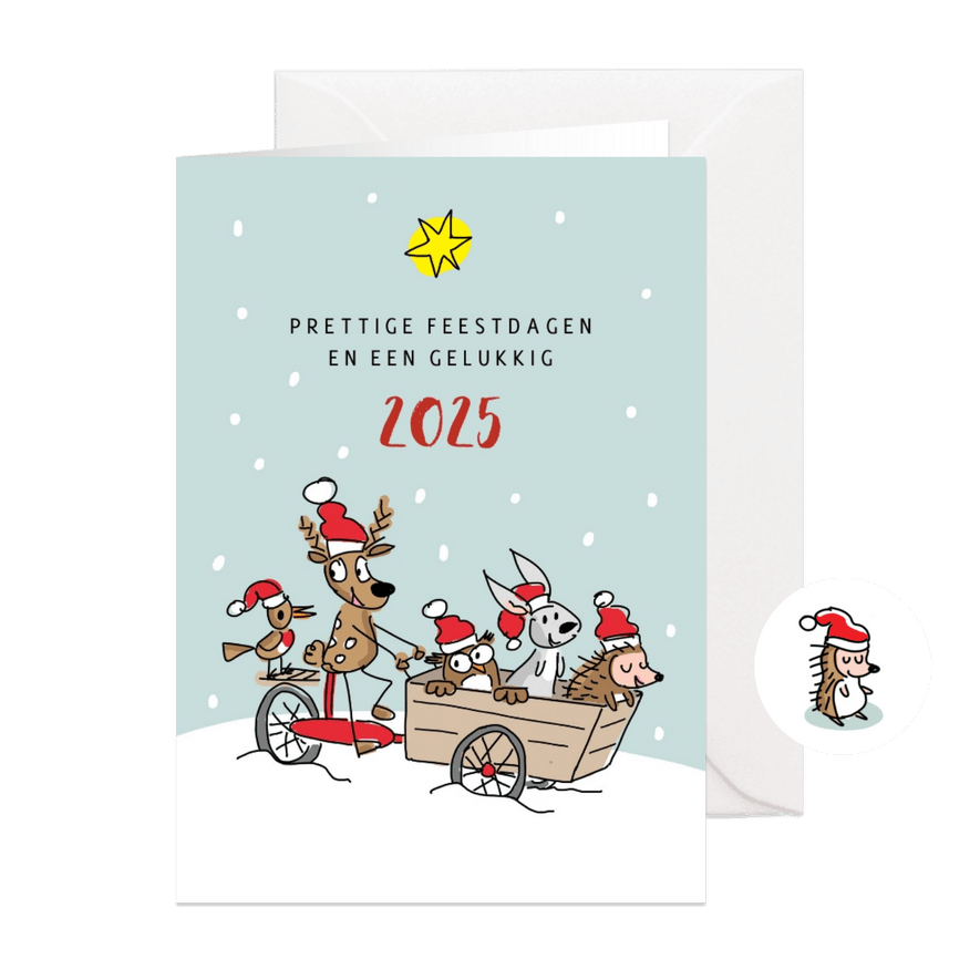 Kerstkaart met dieren en bakfiets - Kaartimpressie