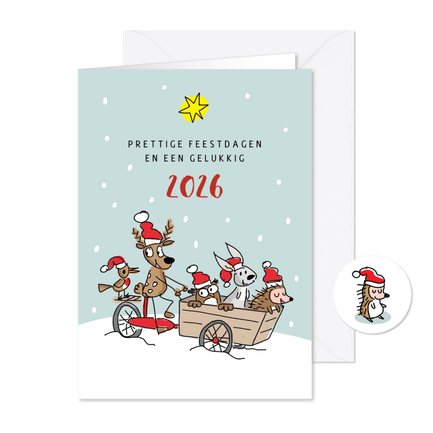 Kerstkaart met dieren en bakfiets - Kaartimpressie