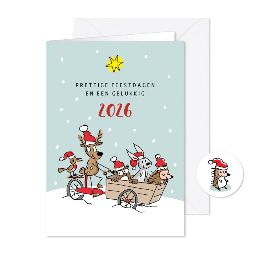 Kerstkaart met dieren en bakfiets - Kaartimpressie